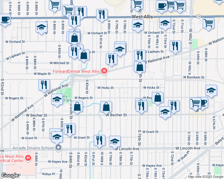 map of restaurants, bars, coffee shops, grocery stores, and more near 7840 West Hicks Street in West Allis