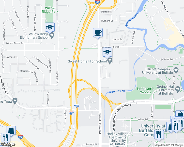 map of restaurants, bars, coffee shops, grocery stores, and more near 283 American Campus Drive in Buffalo