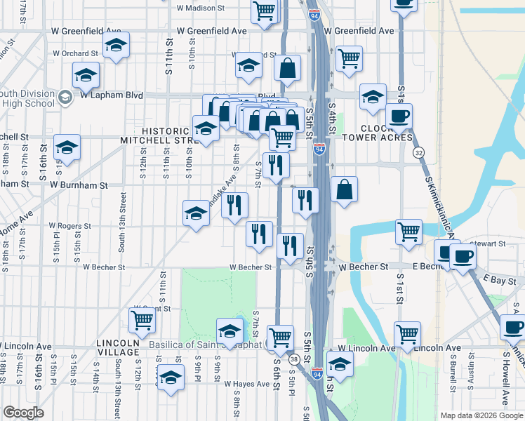 map of restaurants, bars, coffee shops, grocery stores, and more near 1926 South 7th Street in Milwaukee