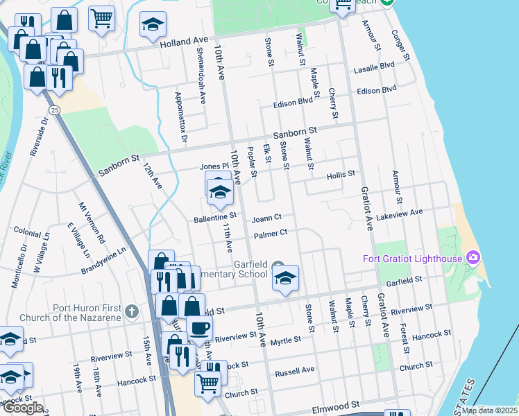 map of restaurants, bars, coffee shops, grocery stores, and more near 1213 Sparta Court in Port Huron