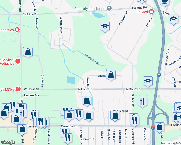 map of restaurants, bars, coffee shops, grocery stores, and more near 4176 Sheraton Drive in Flint