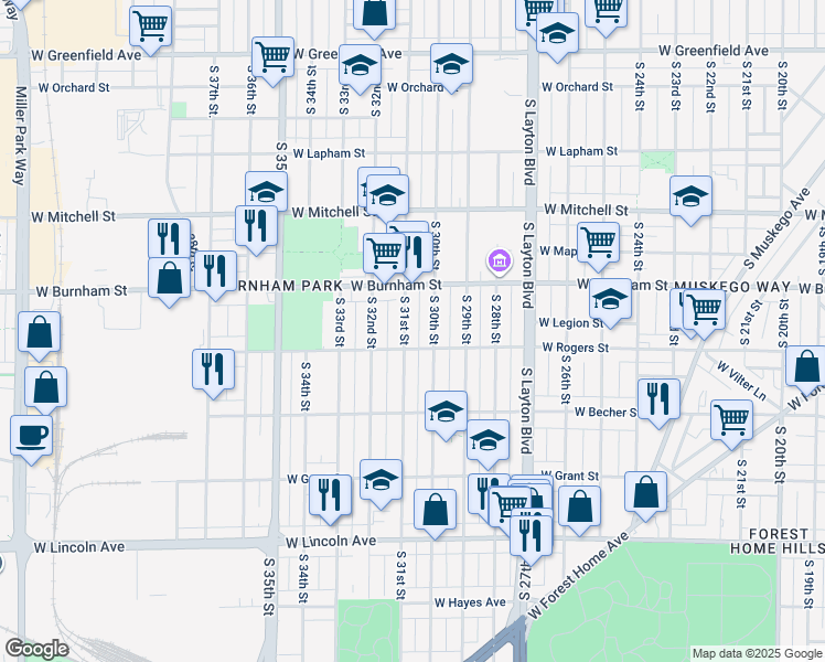 map of restaurants, bars, coffee shops, grocery stores, and more near 1934 South 31st Street in Milwaukee