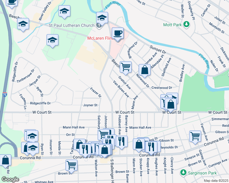 map of restaurants, bars, coffee shops, grocery stores, and more near 3615 Van Buren Avenue in Flint