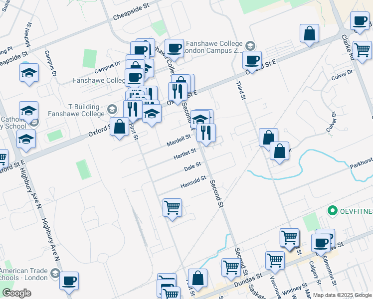 map of restaurants, bars, coffee shops, grocery stores, and more near 1594 Hartlet Street in London