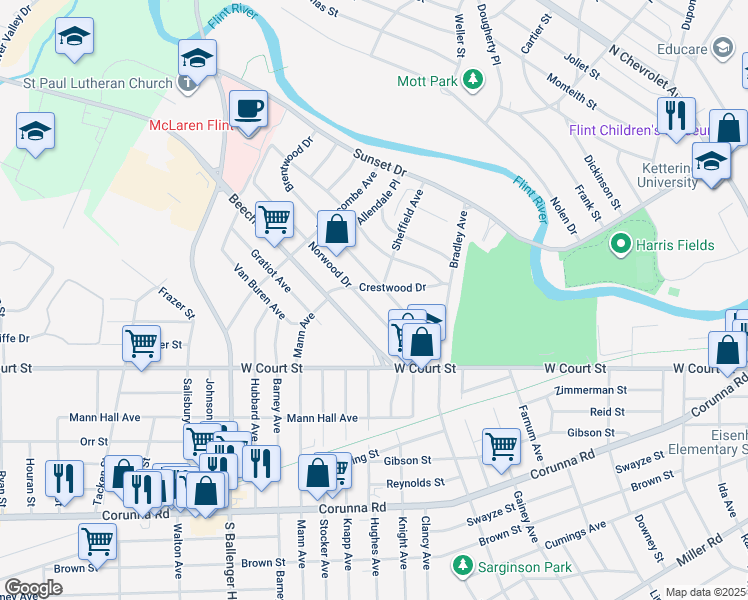 map of restaurants, bars, coffee shops, grocery stores, and more near 3218 Norwood Drive in Flint