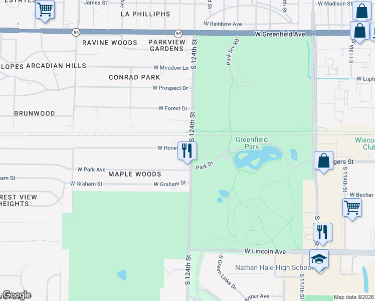 map of restaurants, bars, coffee shops, grocery stores, and more near 1905 South 124th Street in New Berlin