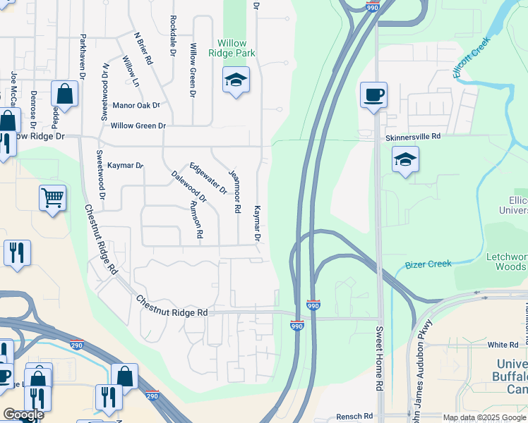map of restaurants, bars, coffee shops, grocery stores, and more near 401 Kaymar Drive in Buffalo