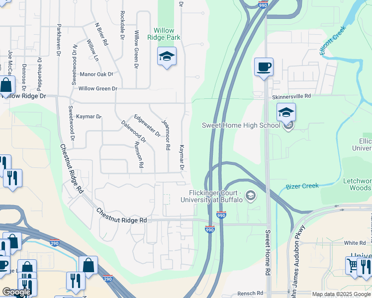 map of restaurants, bars, coffee shops, grocery stores, and more near 419 Kaymar Drive in Buffalo
