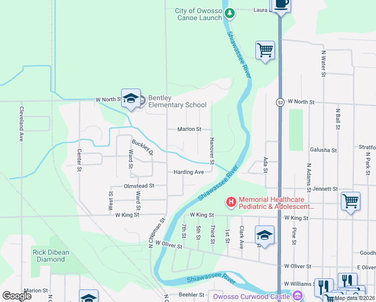 map of restaurants, bars, coffee shops, grocery stores, and more near 1016 Wood Court in Owosso