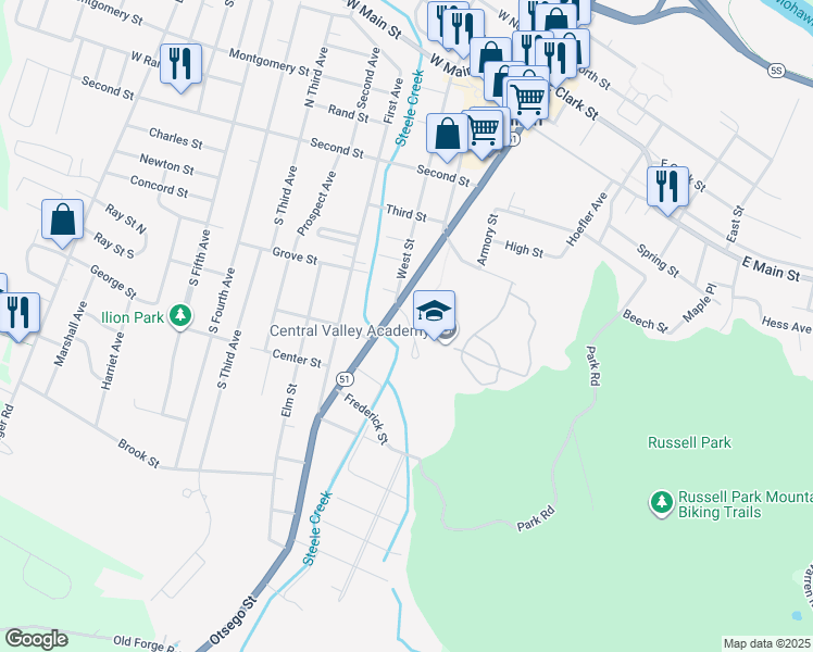 map of restaurants, bars, coffee shops, grocery stores, and more near 211 Otsego Street in Ilion