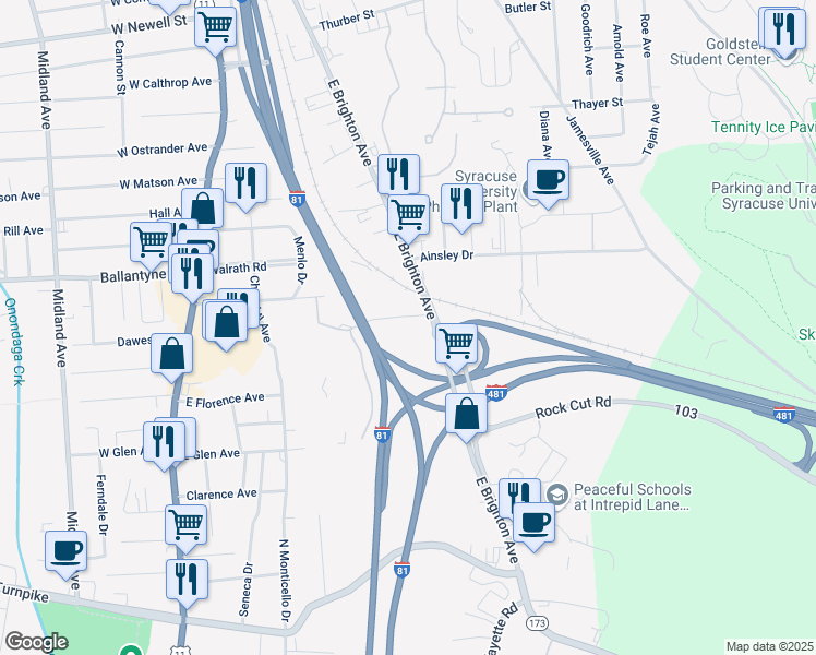 map of restaurants, bars, coffee shops, grocery stores, and more near 714 East Brighton Avenue in Syracuse