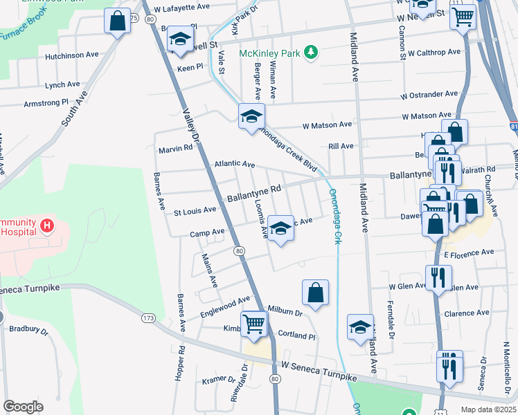 map of restaurants, bars, coffee shops, grocery stores, and more near 218 Empire Avenue in Syracuse