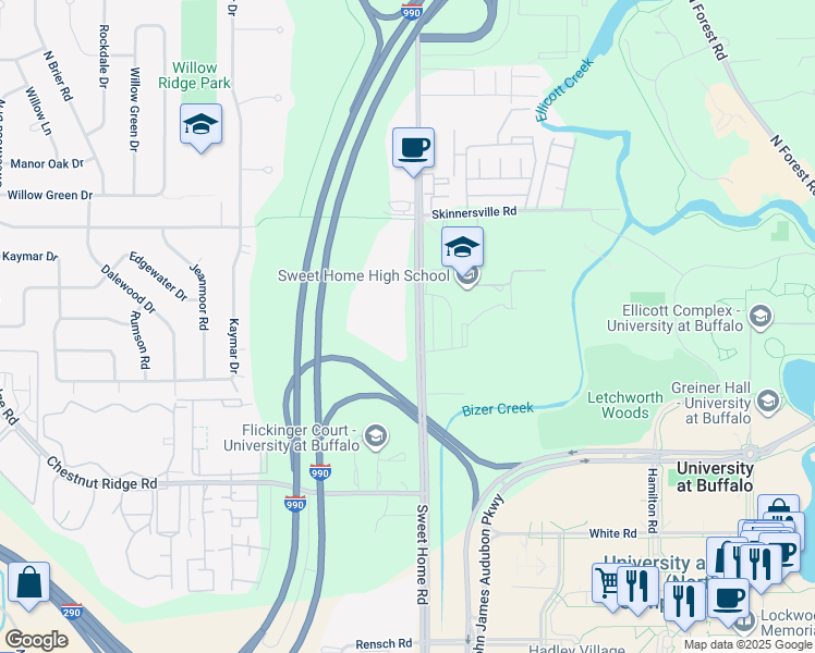 map of restaurants, bars, coffee shops, grocery stores, and more near 283 American Campus Drive in Buffalo