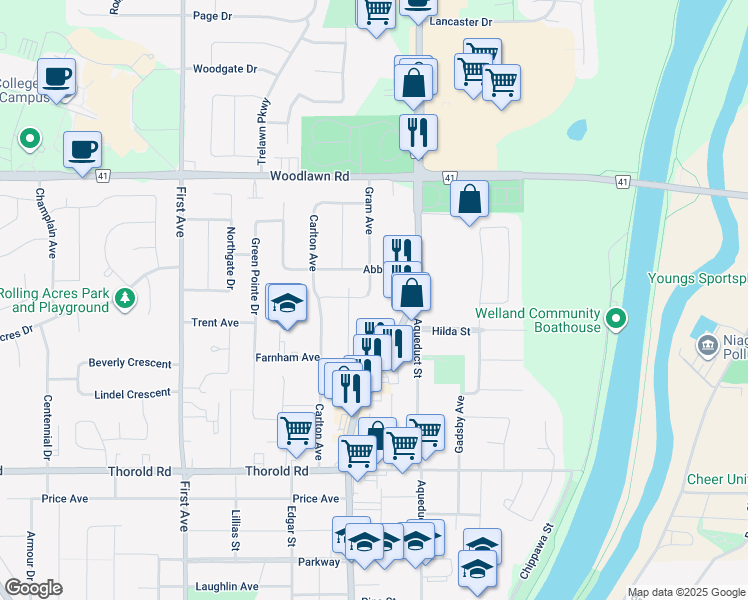 map of restaurants, bars, coffee shops, grocery stores, and more near in Welland