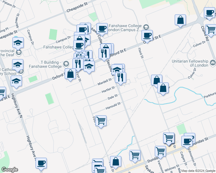 map of restaurants, bars, coffee shops, grocery stores, and more near 1643 Mardell Street in London