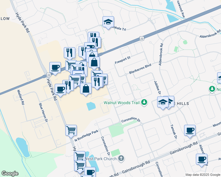 map of restaurants, bars, coffee shops, grocery stores, and more near 1960 Dalmagarry Road in London