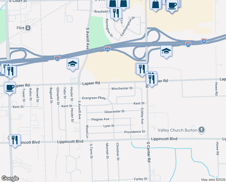 map of restaurants, bars, coffee shops, grocery stores, and more near 3701 Worchester Street in Flint
