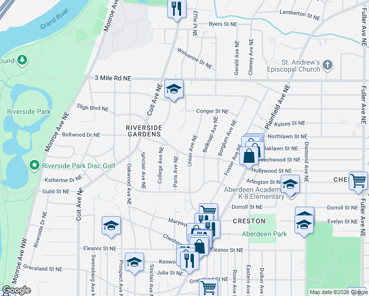 map of restaurants, bars, coffee shops, grocery stores, and more near 521 Sligh Boulevard Northeast in Grand Rapids