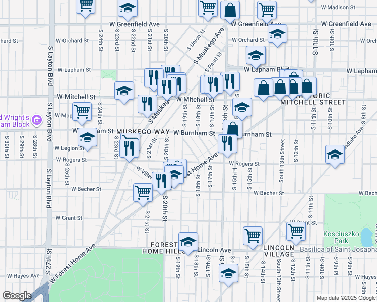 map of restaurants, bars, coffee shops, grocery stores, and more near 1942 South Congo Avenue in Milwaukee