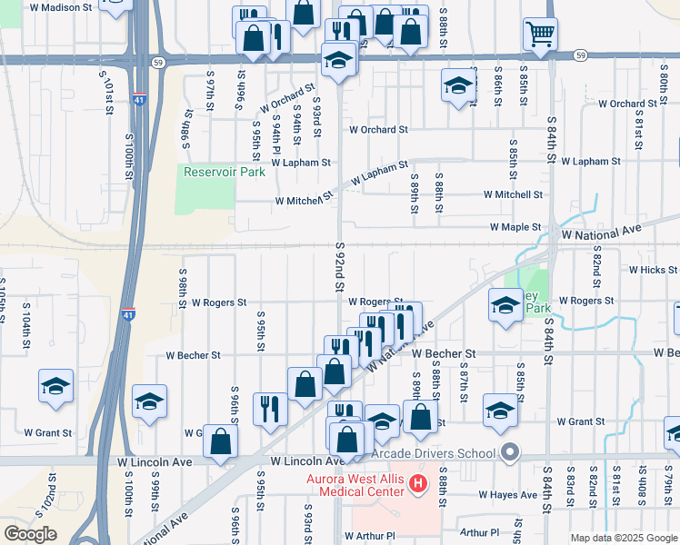 map of restaurants, bars, coffee shops, grocery stores, and more near 1915 South 92nd Street in West Allis