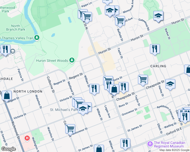 map of restaurants, bars, coffee shops, grocery stores, and more near 574 Lambton Street in London