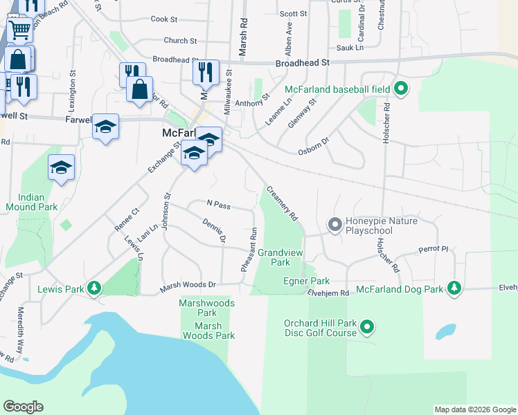 map of restaurants, bars, coffee shops, grocery stores, and more near 6116 Creamery Court in McFarland
