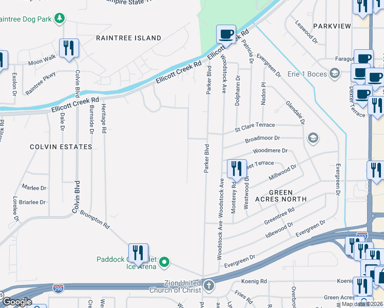 map of restaurants, bars, coffee shops, grocery stores, and more near 195 Willowgrove in Tonawanda