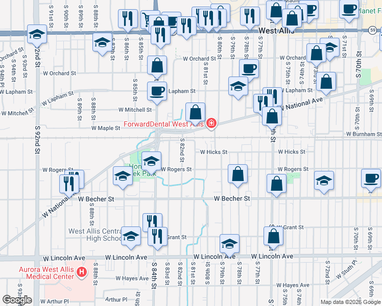 map of restaurants, bars, coffee shops, grocery stores, and more near 1910 South 81st Street in West Allis