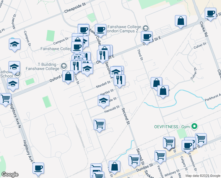 map of restaurants, bars, coffee shops, grocery stores, and more near 1600 Hartlet Street in London