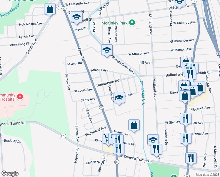 map of restaurants, bars, coffee shops, grocery stores, and more near 218 Empire Avenue in Syracuse