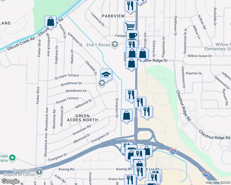map of restaurants, bars, coffee shops, grocery stores, and more near 451 Evergreen Drive in Tonawanda