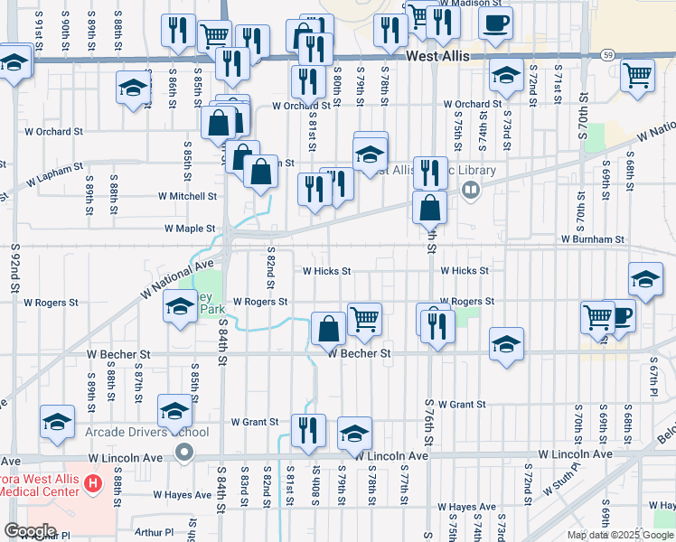 map of restaurants, bars, coffee shops, grocery stores, and more near 7840 W Hicks St in West Allis