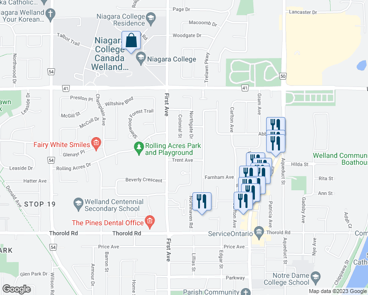 map of restaurants, bars, coffee shops, grocery stores, and more near 23 Northgate Drive in Welland