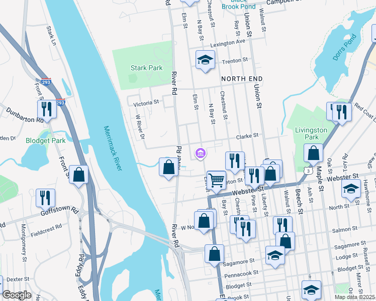 map of restaurants, bars, coffee shops, grocery stores, and more near 48 West Clarke Street in Manchester