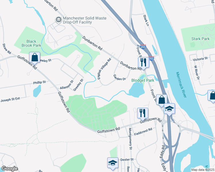 map of restaurants, bars, coffee shops, grocery stores, and more near 141 English Village Road in Manchester