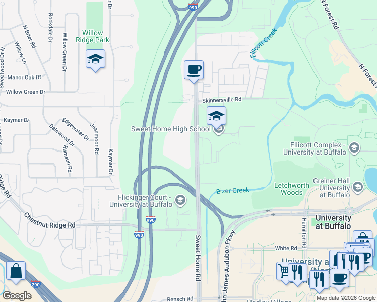map of restaurants, bars, coffee shops, grocery stores, and more near 283 American Campus Drive in Buffalo