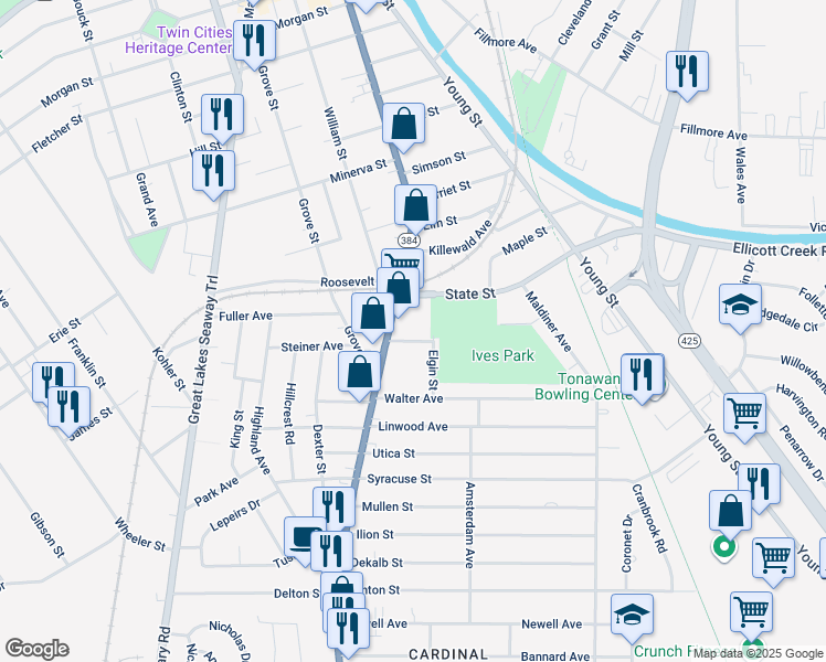 map of restaurants, bars, coffee shops, grocery stores, and more near 209 York Street in Tonawanda