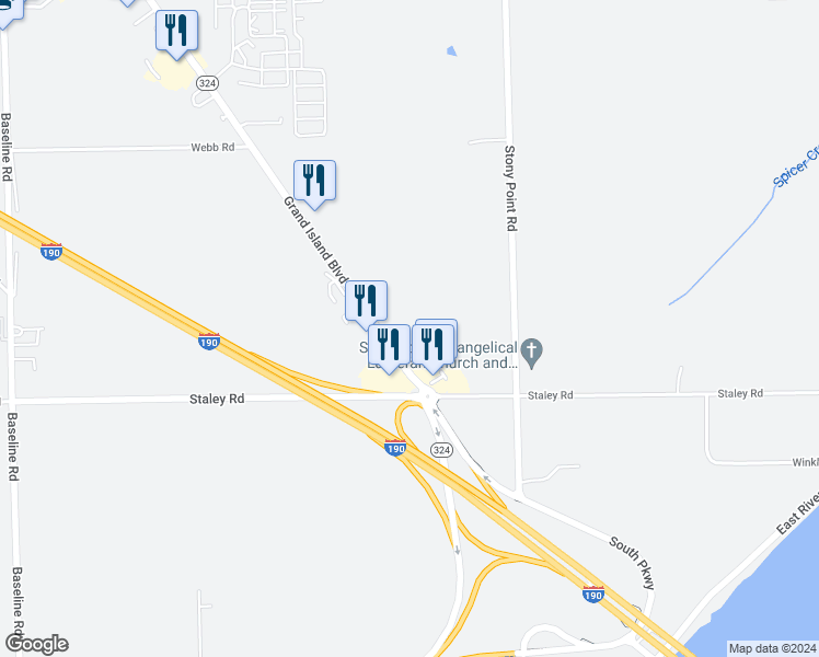 map of restaurants, bars, coffee shops, grocery stores, and more near 1725 Grand Island Boulevard in Grand Island