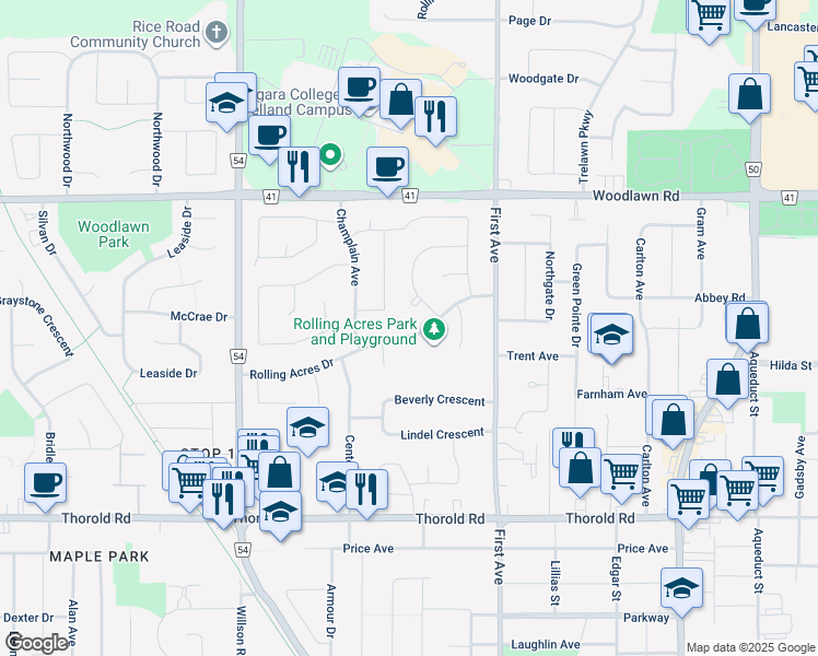 map of restaurants, bars, coffee shops, grocery stores, and more near 10 Sherwood Forest Trail in Welland