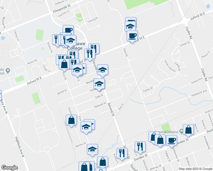 map of restaurants, bars, coffee shops, grocery stores, and more near 550 Second Street in London