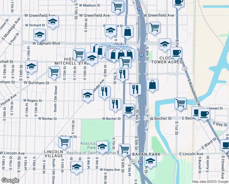 map of restaurants, bars, coffee shops, grocery stores, and more near 1926 South 7th Street in Milwaukee