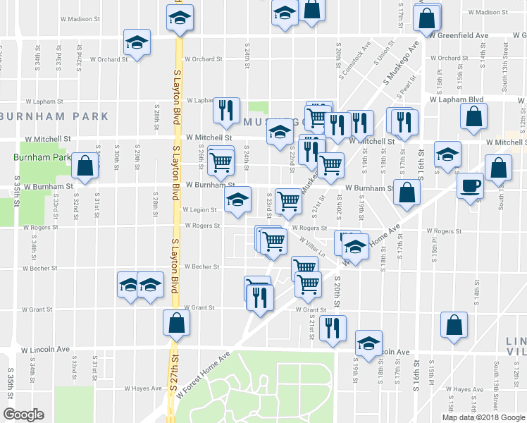 map of restaurants, bars, coffee shops, grocery stores, and more near 1936 A South 23rd Street in Milwaukee