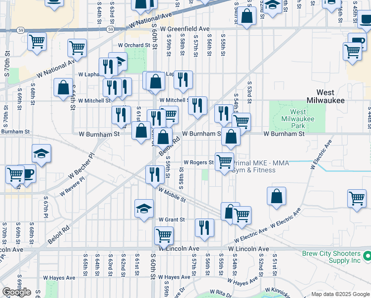 map of restaurants, bars, coffee shops, grocery stores, and more near 1925 South 57th Street in West Allis