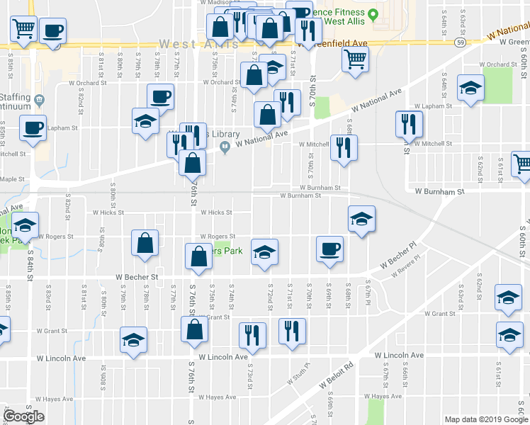 map of restaurants, bars, coffee shops, grocery stores, and more near 1920 South 73rd Street in West Allis