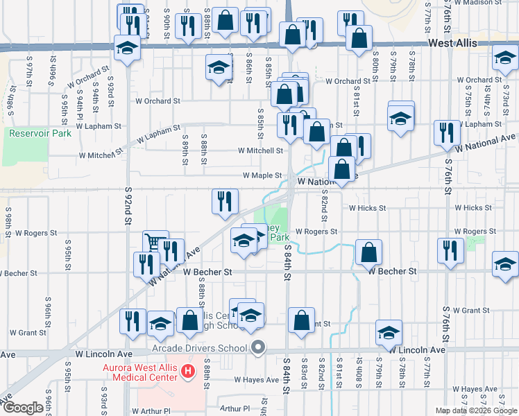 map of restaurants, bars, coffee shops, grocery stores, and more near 8440 West National Avenue in West Allis
