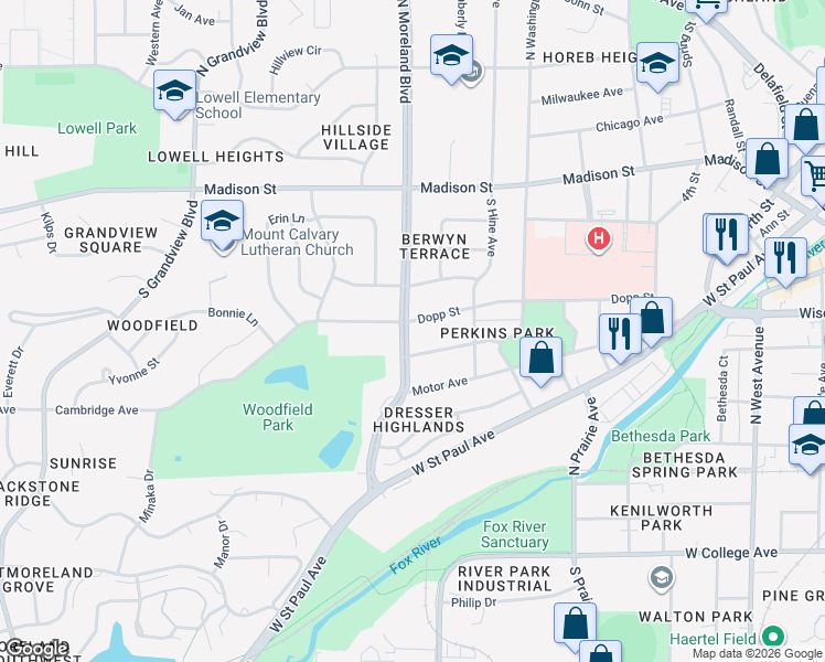 map of restaurants, bars, coffee shops, grocery stores, and more near 1139 Dopp Street in Waukesha