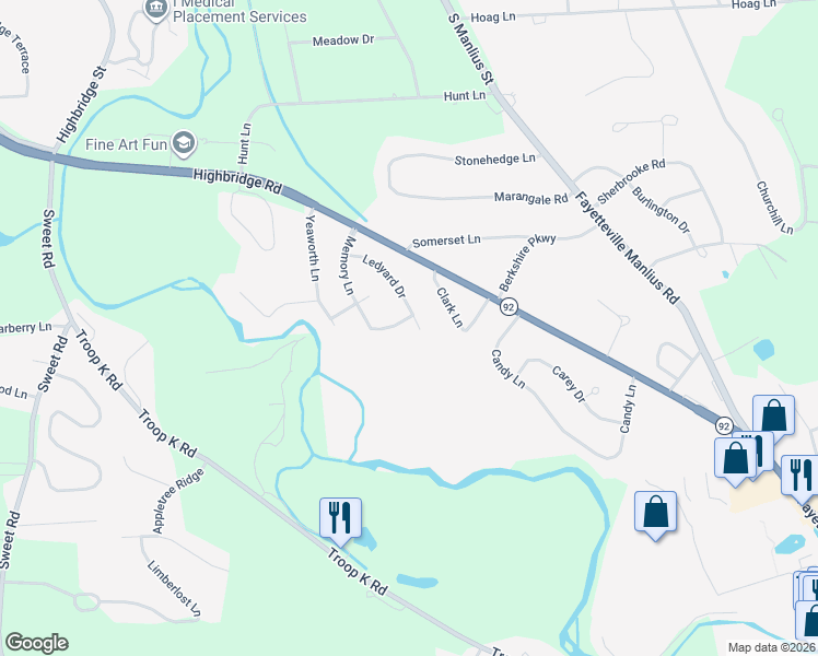 map of restaurants, bars, coffee shops, grocery stores, and more near 4884 Ledyard Drive in Manlius