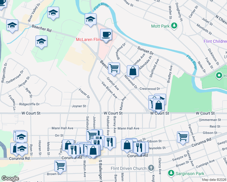map of restaurants, bars, coffee shops, grocery stores, and more near 3509 Gratiot Avenue in Flint