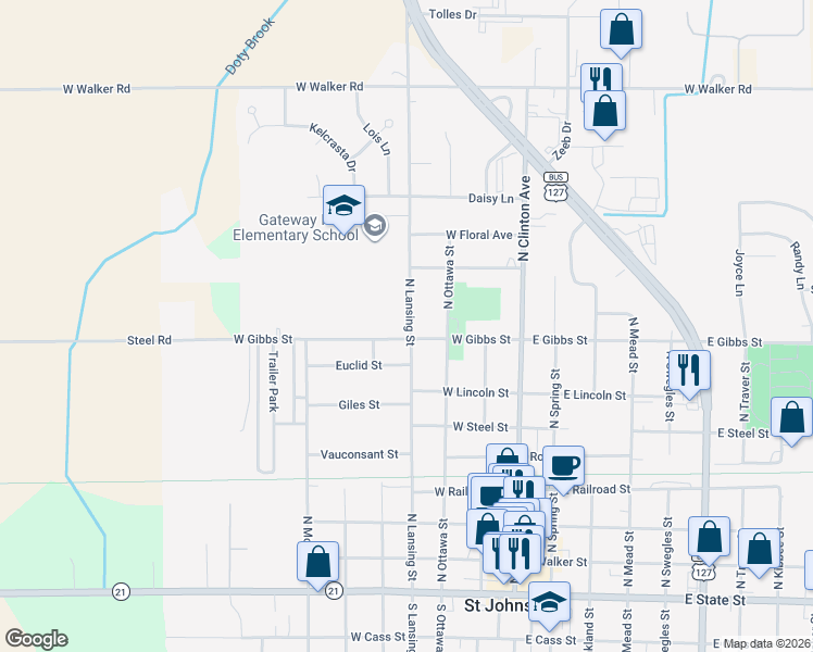 map of restaurants, bars, coffee shops, grocery stores, and more near 803 North Lansing Street in Saint Johns