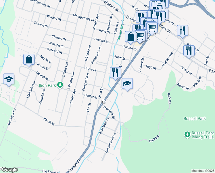 map of restaurants, bars, coffee shops, grocery stores, and more near 129 John Street in Ilion